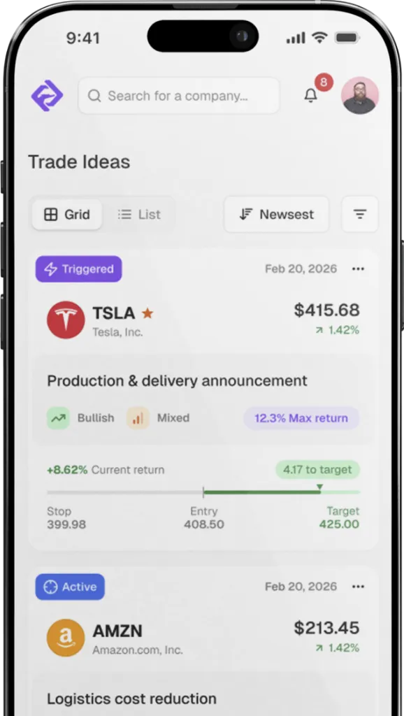Edge Hound Trade Ideas — mobile app with trade idea cards and price targets