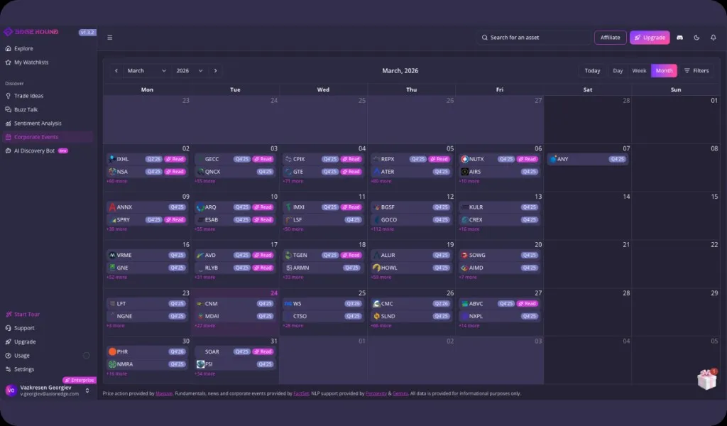 Corporate events — event-driven alerts in Edge Hound